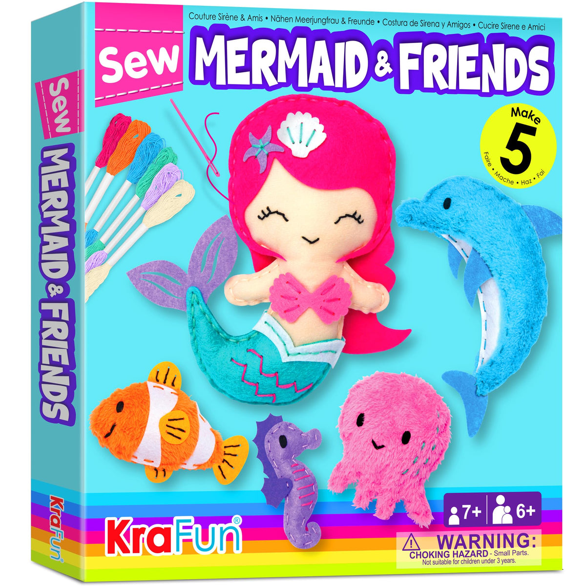 KRAFUN Mermaid doll sewing kit features vibrant felt dolls for imaginative play.