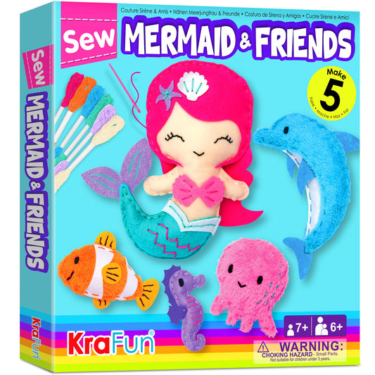 KRAFUN Mermaid doll sewing kit features vibrant felt dolls for imaginative play.