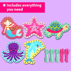 KRAFUN Mermaid Lacing Projects Five display, guiding kids through simple steps for fine motor growth.
