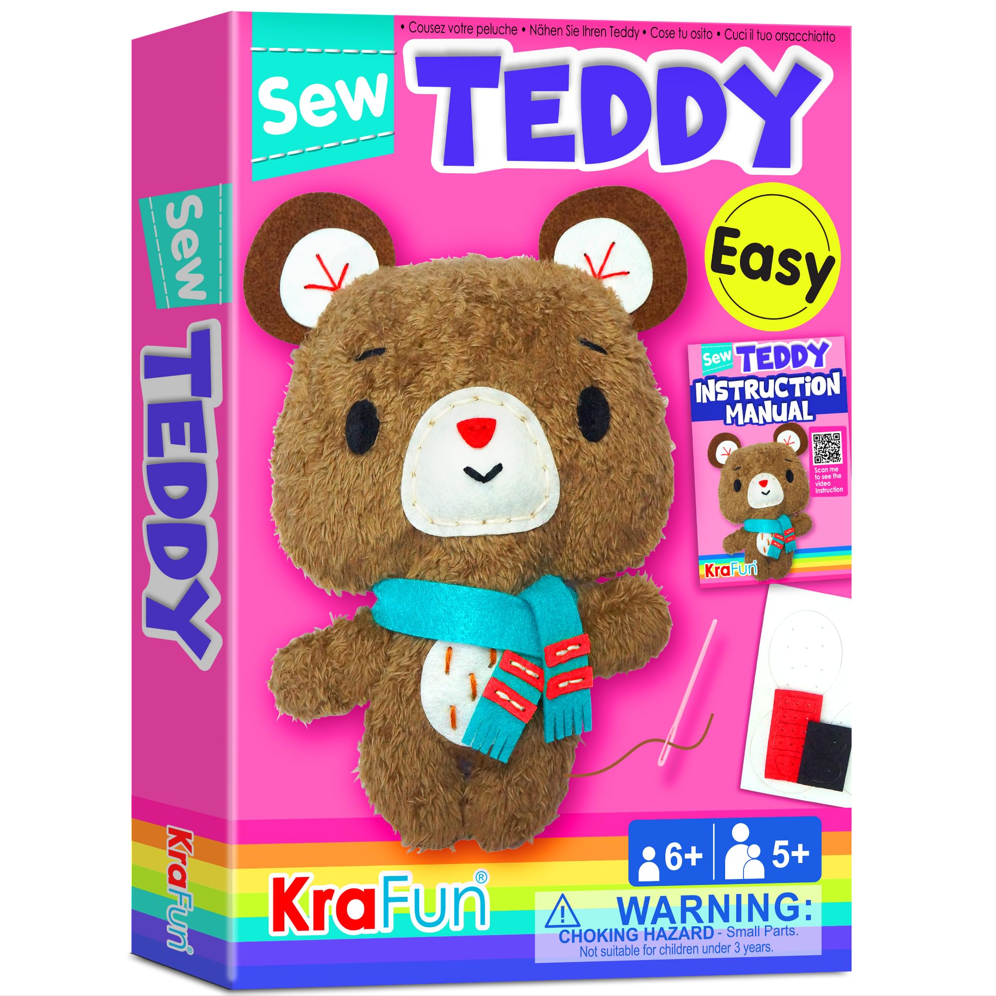 KRAFUN Teddy Bear sewing kit box with materials for beginners, ideal family crafting.
