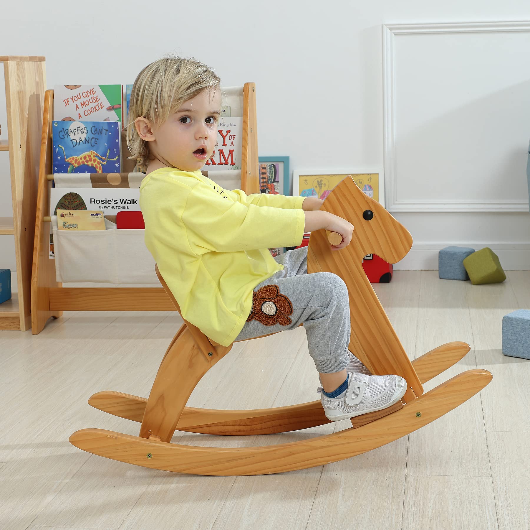 KRAND rocking horse pedal detail shows foot placement for safer play.
