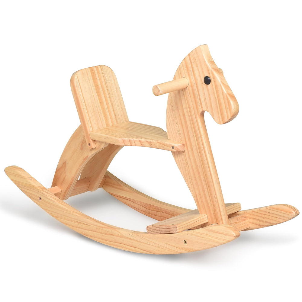 KRAND rocking horse side view highlights natural pine finish for timeless play.