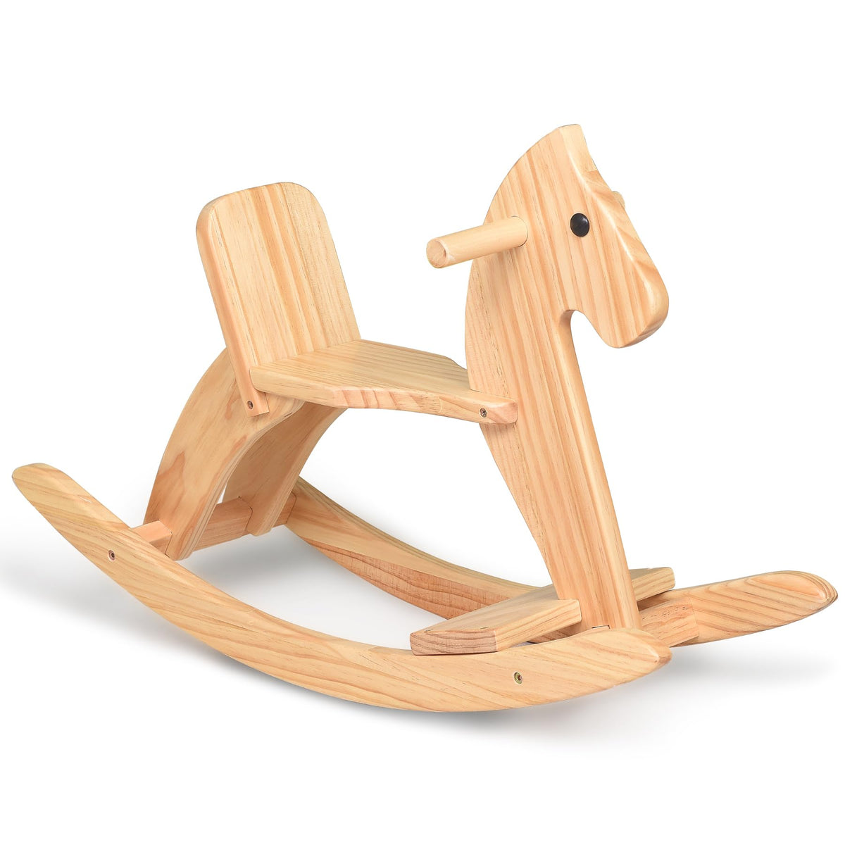 KRAND rocking horse side view highlights natural pine finish for timeless play.