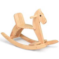 KRAND rocking horse side view highlights natural pine finish for timeless play.