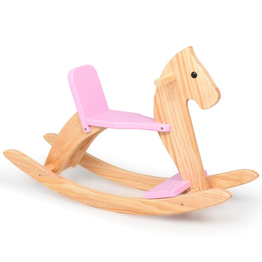 KRAND wooden rocking horse pink full ride illustrating a safe, classic toddler playtime.