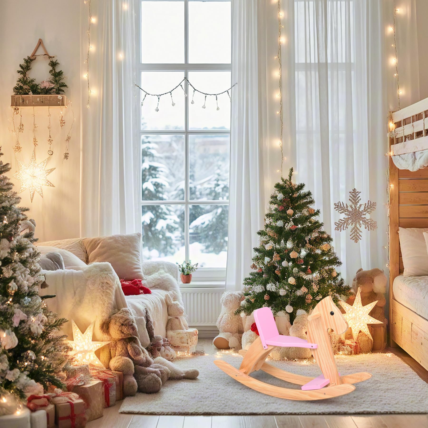 KRAND wooden rocking horse pink nursery-decor fits cozy playrooms.