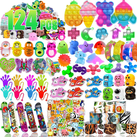 Krcilcuk 124-pack party favors show colorful fidget toys for party prizes and classroom rewards.