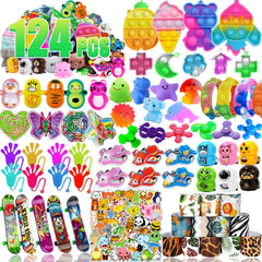 Krcilcuk 124-pack party favors show colorful fidget toys for party prizes and classroom rewards.