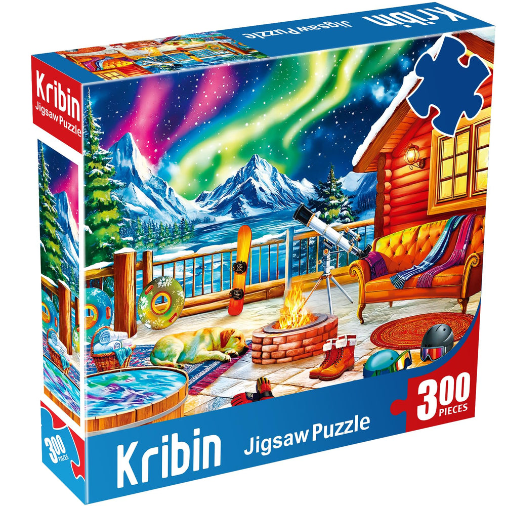 Kribin campfire and sofa scene invites relaxing puzzle night.