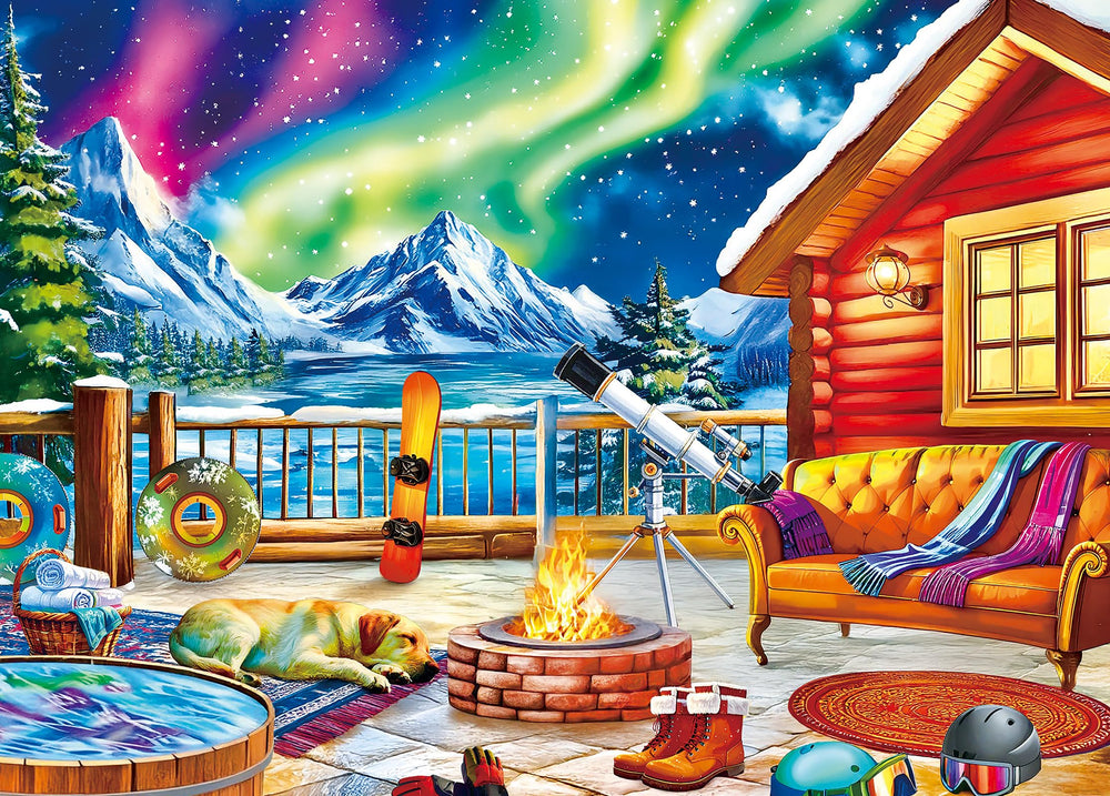 Kribin 300-piece puzzle overview, Northern Lights Lounge Cabin for family time.