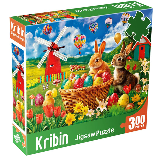 Kribin Easter puzzle with eggs and bunny scene, ideal family activity.