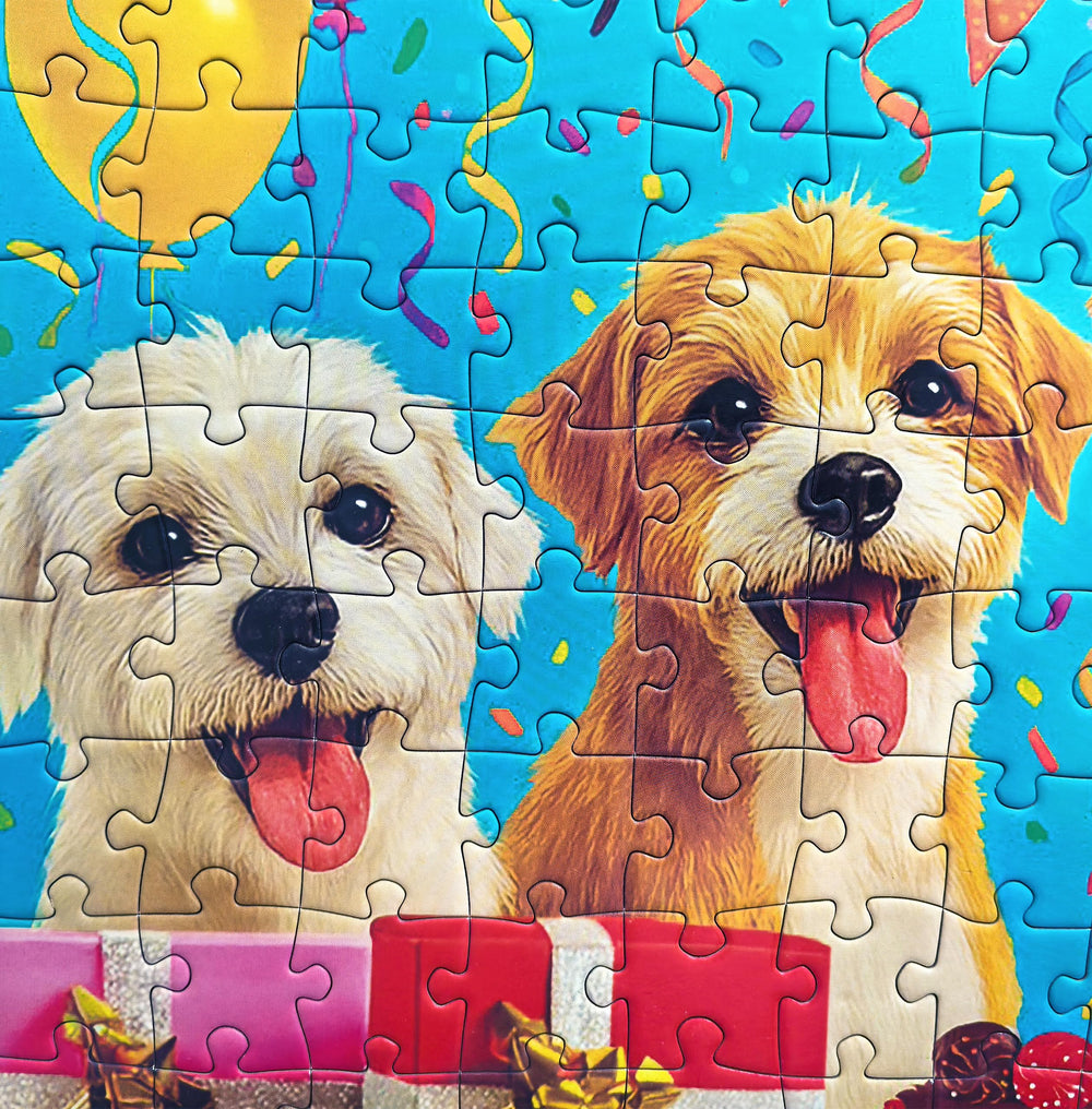 Kribin puppy birthday artwork closeup with festive details for storytelling