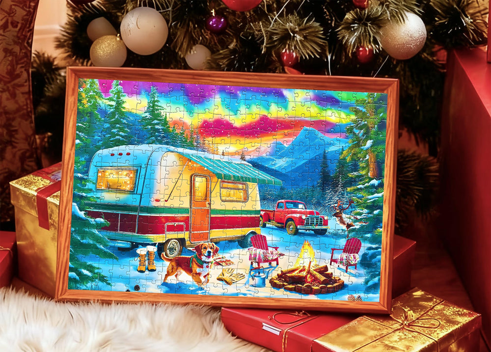 Kribin vintage RV and red pickup image puzzle emphasizes nostalgic scene for shared moments.