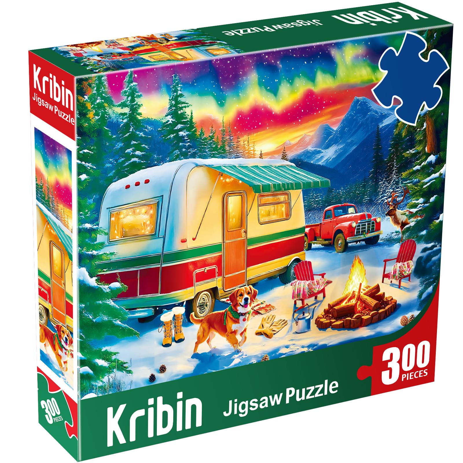 Kribin winter camping scene puzzle featuring vintage RV and red pickup for cozy nights.