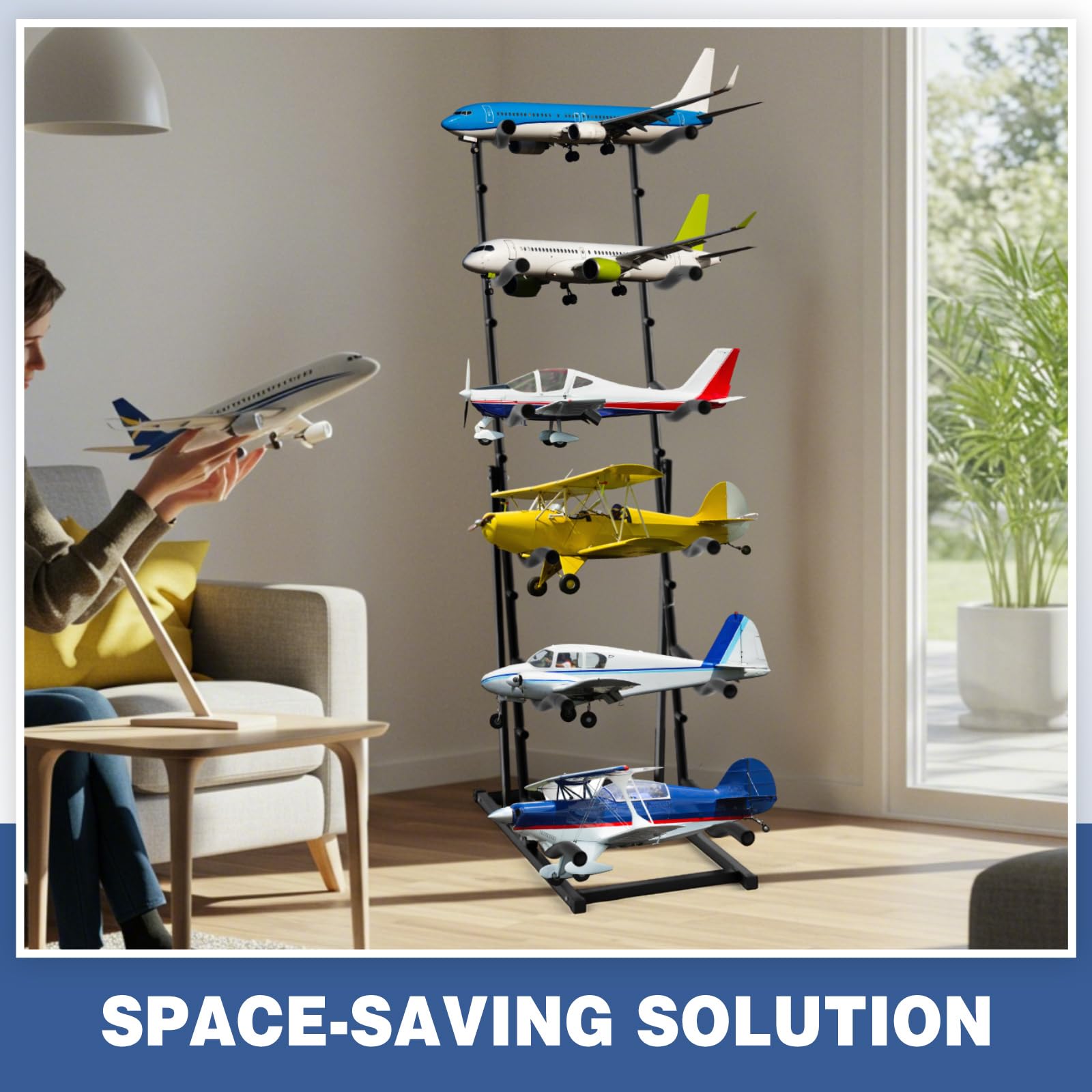 Kritkin RC Airplanes Display Stand with adjustable shelves fits multiple plane sizes.