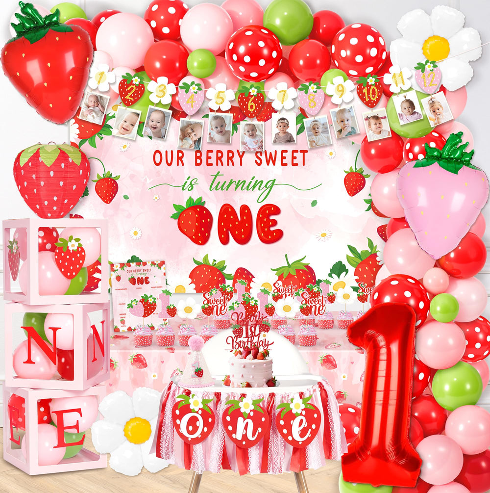 Kriyokiaa berry first birthday backdrop with strawberry accents for memorable photos.