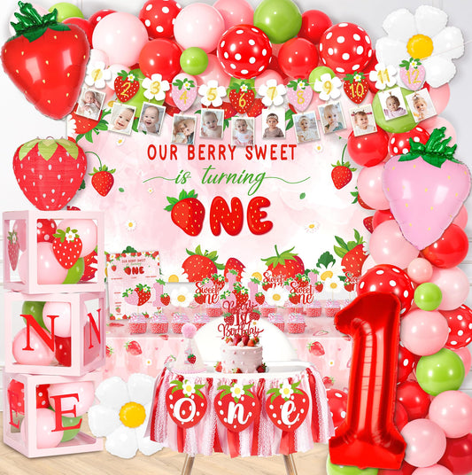 Kriyokiaa berry first birthday backdrop with strawberry accents for memorable photos.