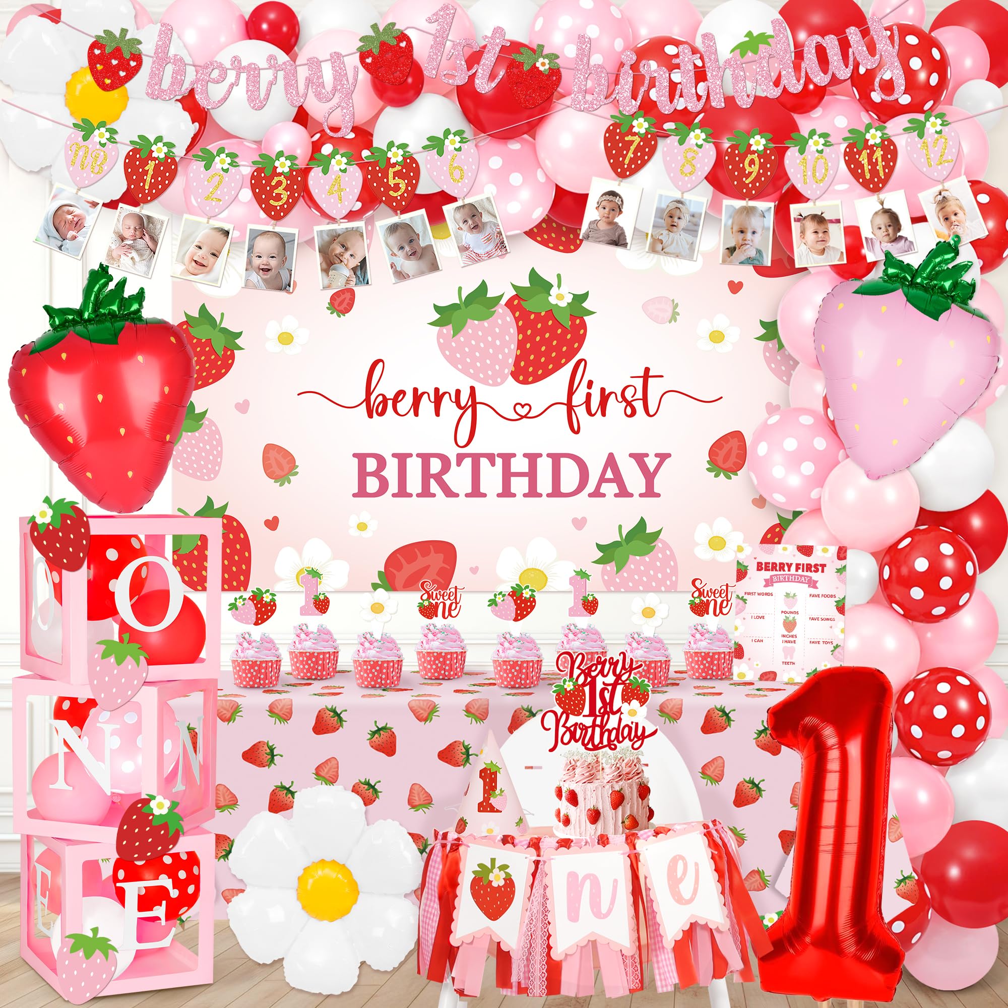 Kriyokiaa berry first birthday banner anchors the strawberry theme for photos and entryways.