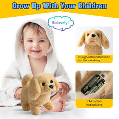 KSABVAIA plush golden retriever toy tail-wagging in action.