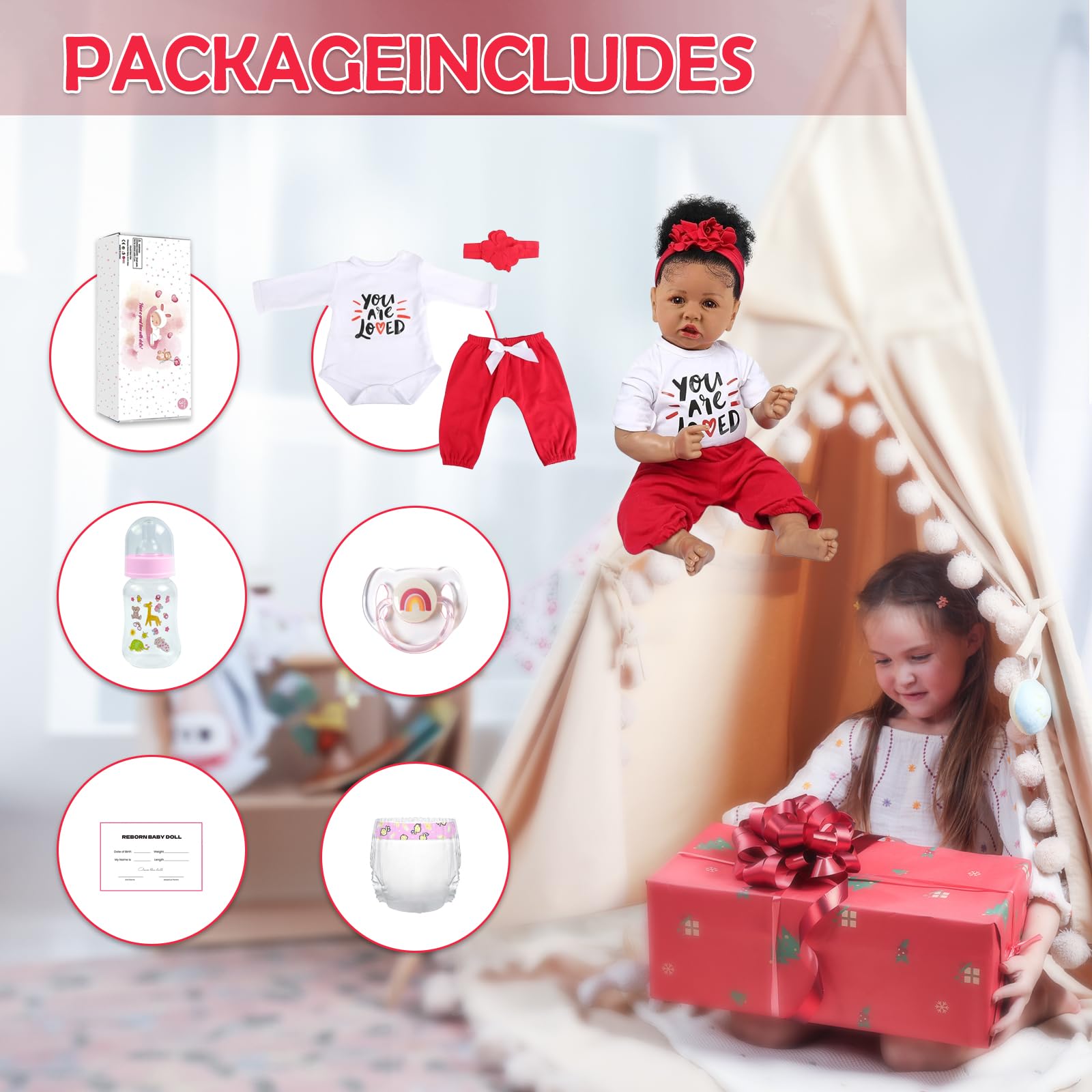KSBD Doll package features birth certificate and diaper and accessories