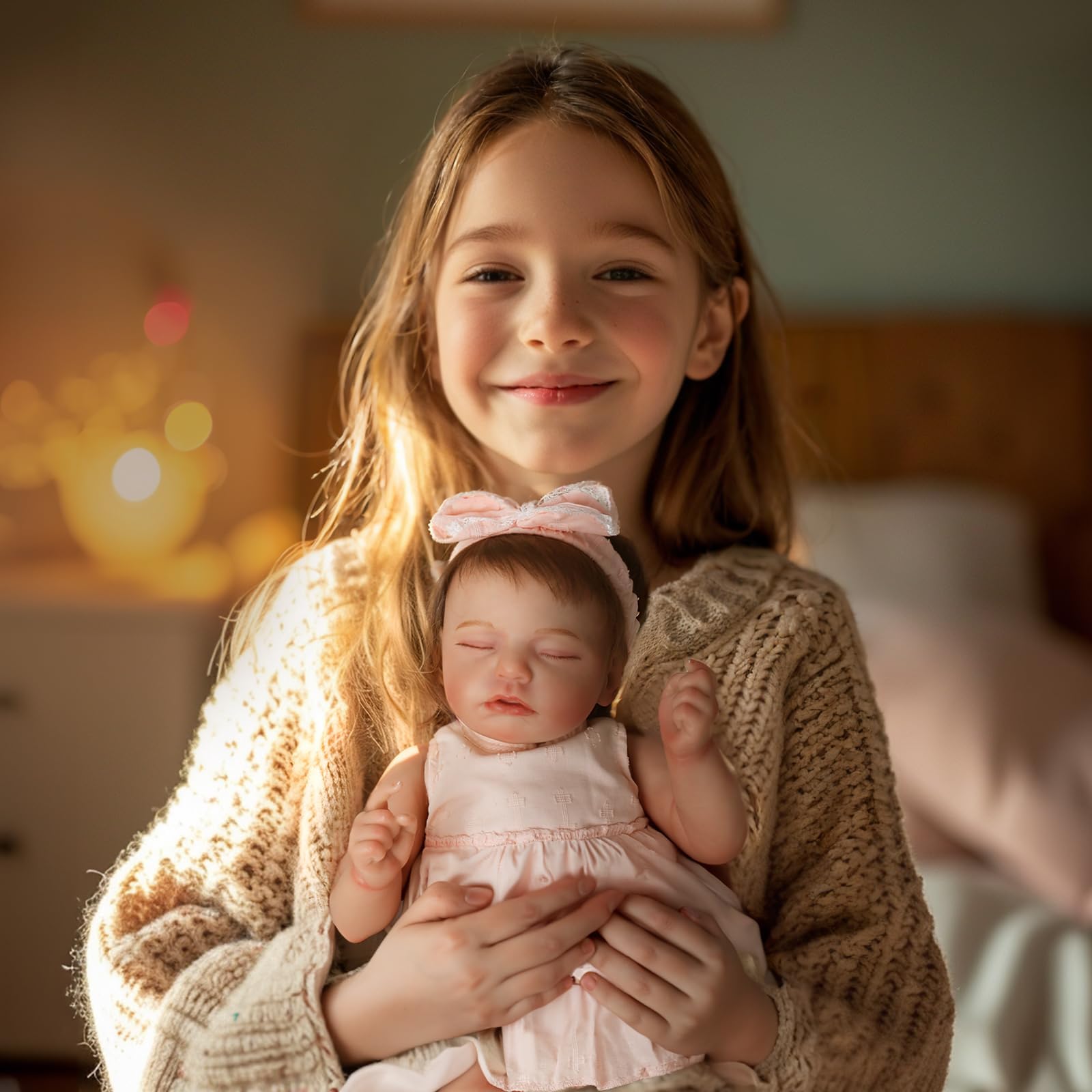 KSBD Reborn pink dress and flower headband highlight charming newborn styling.
