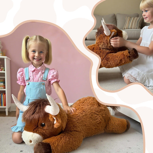 Ksidzas Highland Cow plush fluffy coat close-up invites comforting soft-contact moments