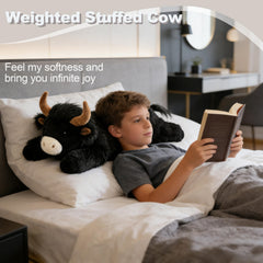 Ksidzas Highland Cow plush side view highlights soft long fur for comforting snuggles.