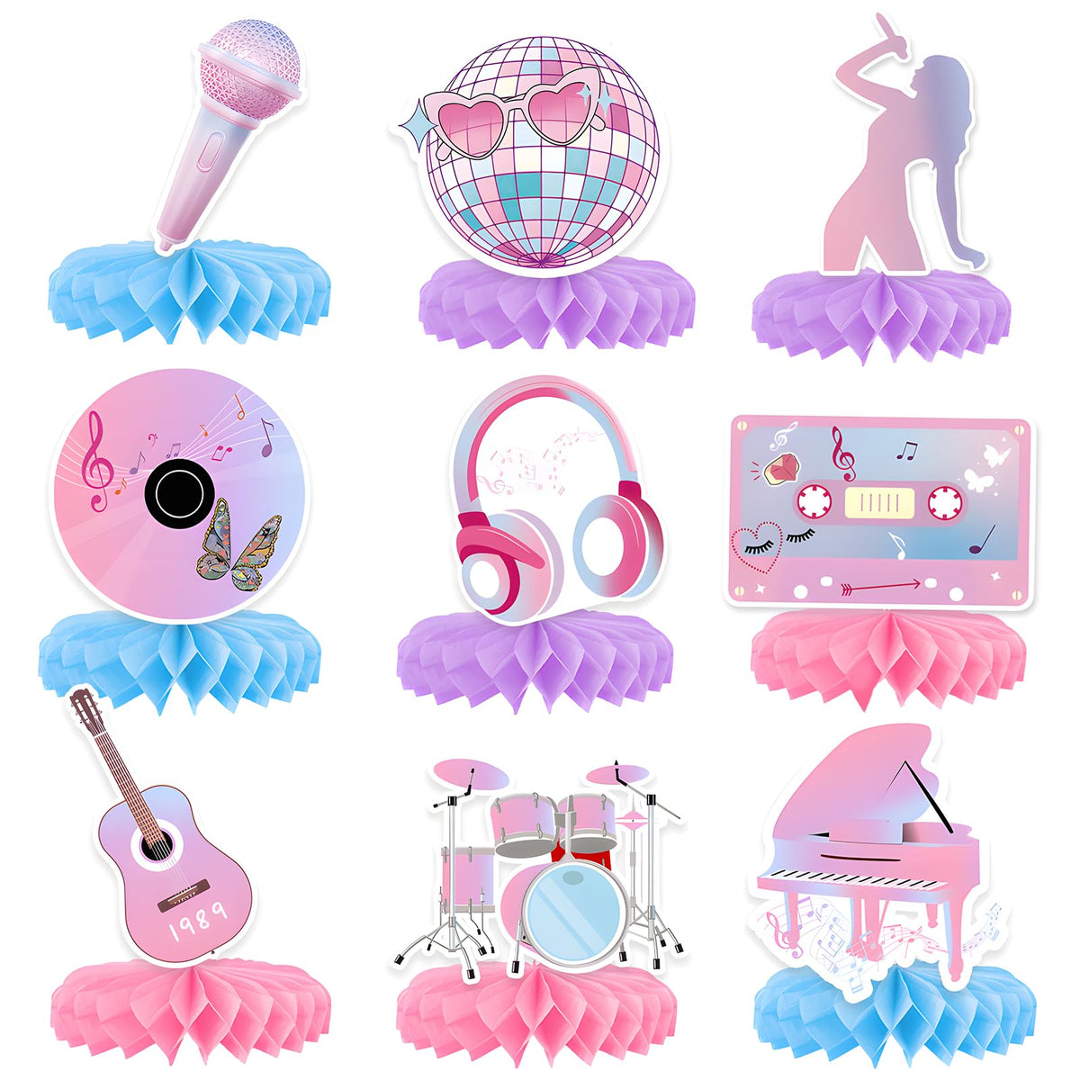 KSKSPE music lover honeycomb centerpiece with guitar motif for music-themed birthdays.