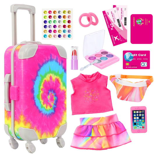 K.T. Fancy rainbow tie-dye suitcase for travel-themed play with 18-inch dolls
