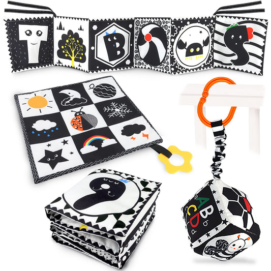 KUANGO 3-Piece Black and White High-Contrast Toys stimulate newborn visual exploration.