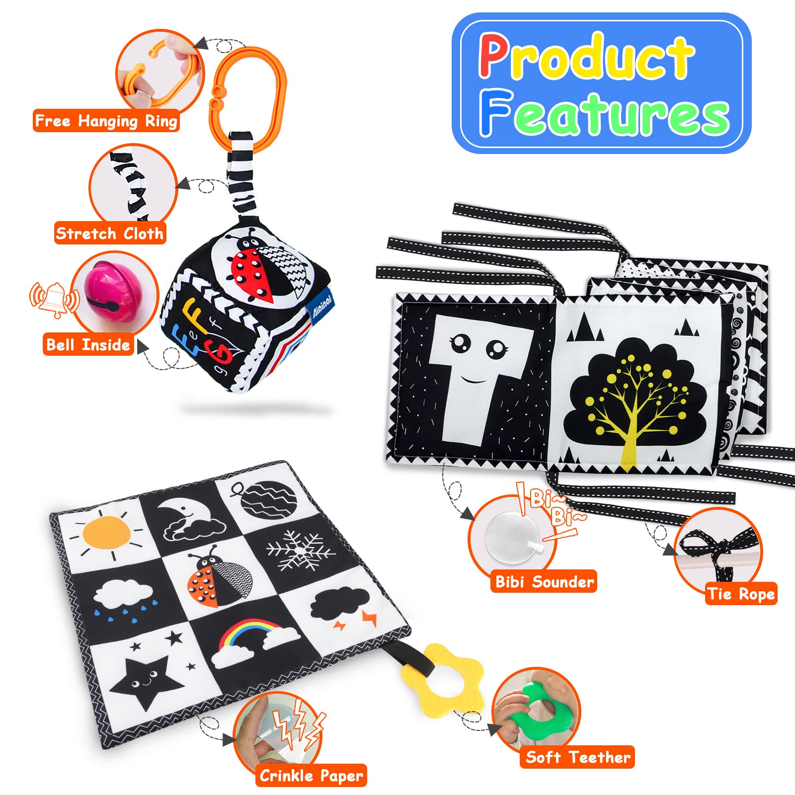 KUANGO Montessori-style toys attach to strollers and offer crinkle sounds for on-the-go engagement.