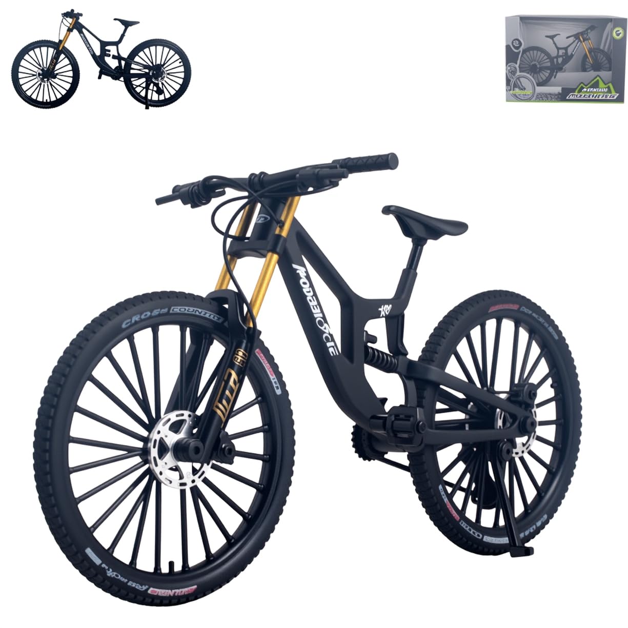 Kuasting 1:8 scale mountain bike model front view, detailed craftsmanship for desk décor.