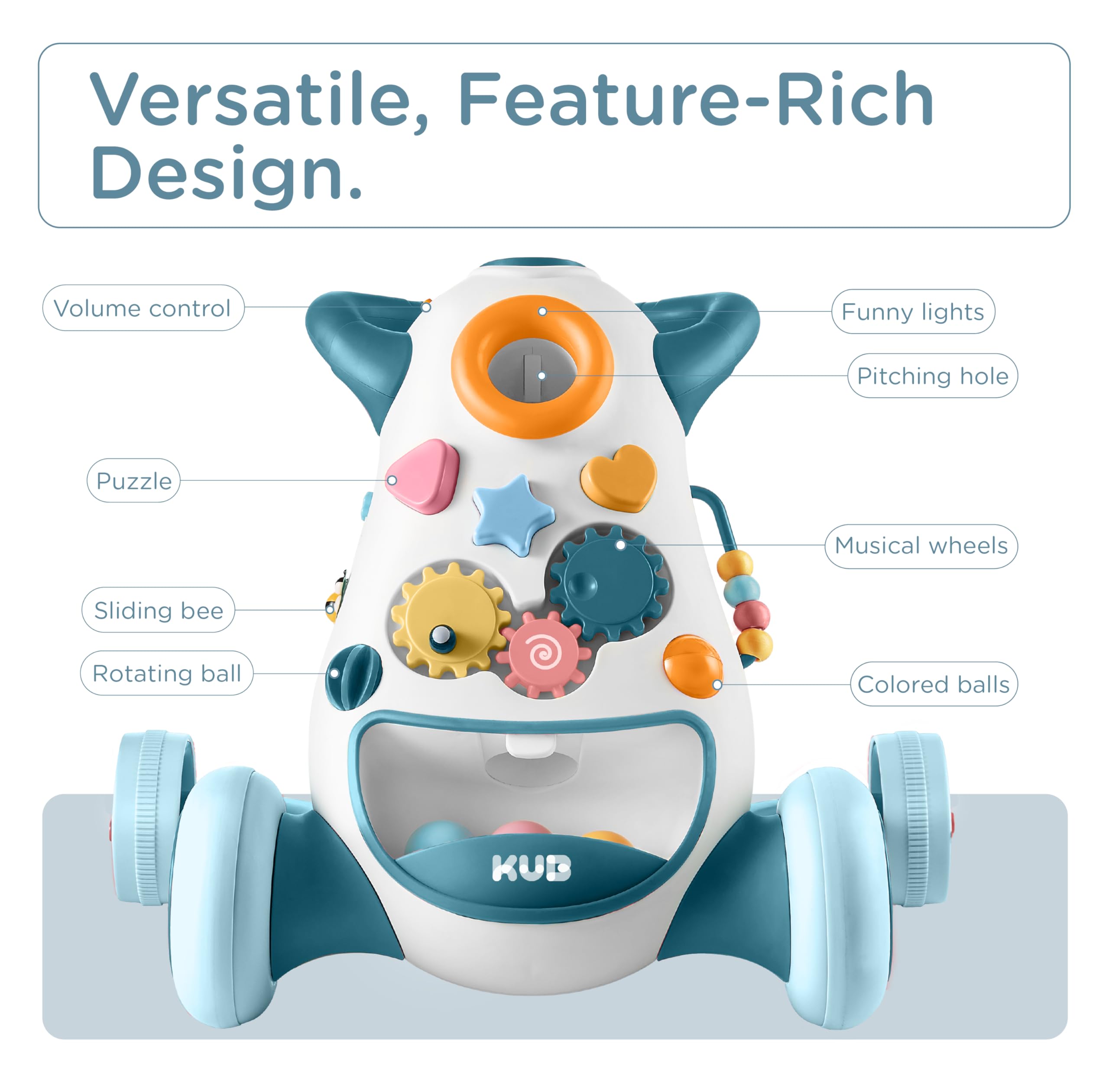 KUB Montessori Baby Walker wide rear-track design reduces rollover risk.