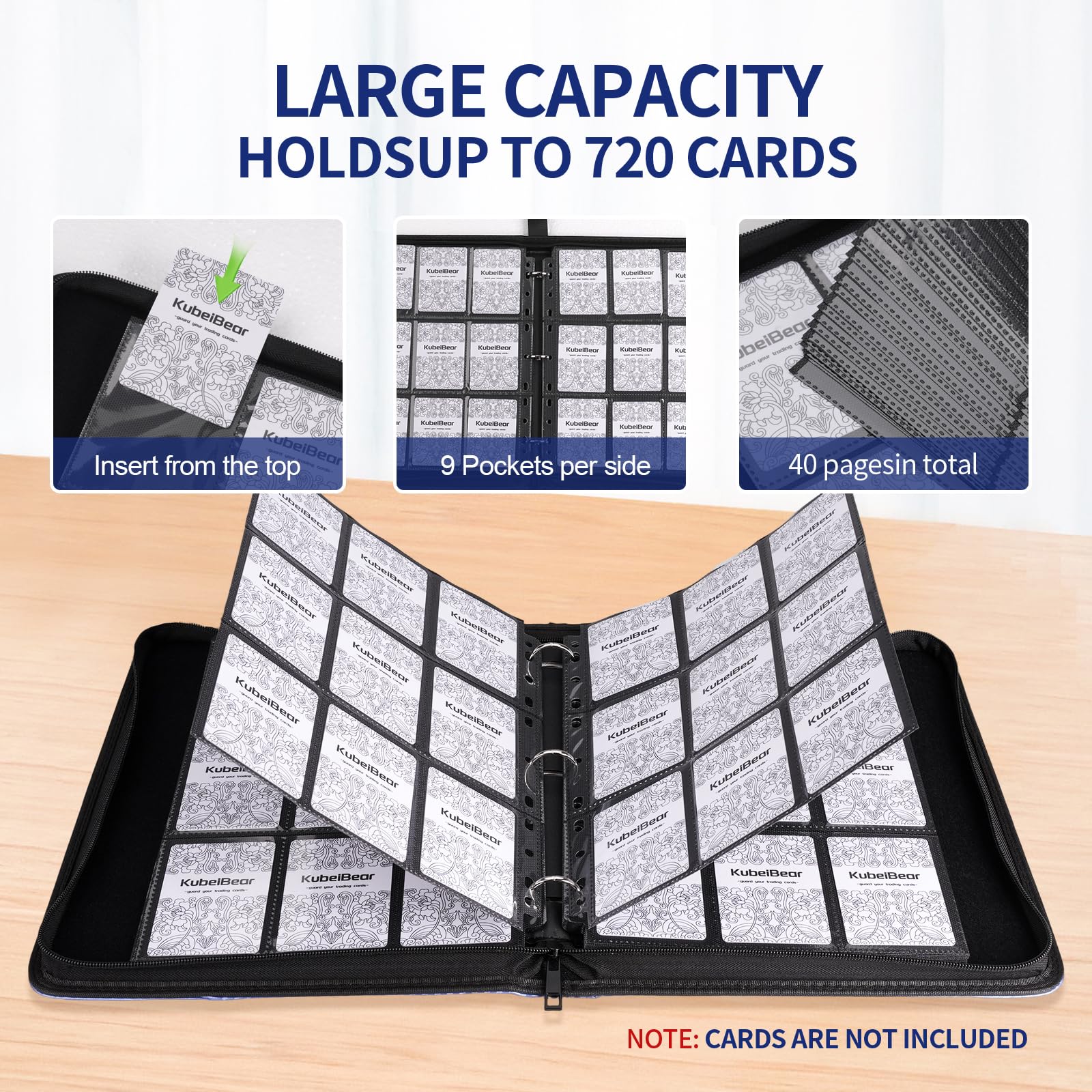 Acid-free pages protect cards from bending and color wear.