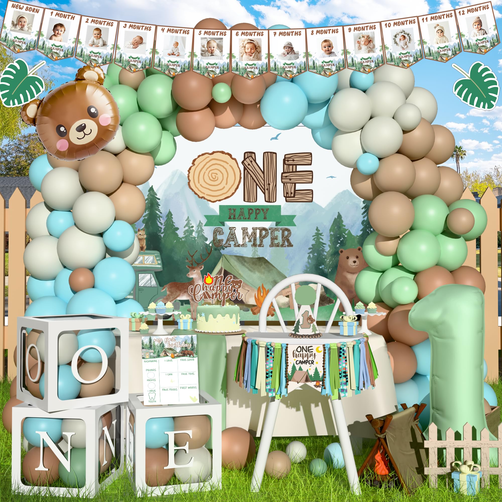 Kudapity One Happy Camper balloon garland for a vibrant forest birthday setup