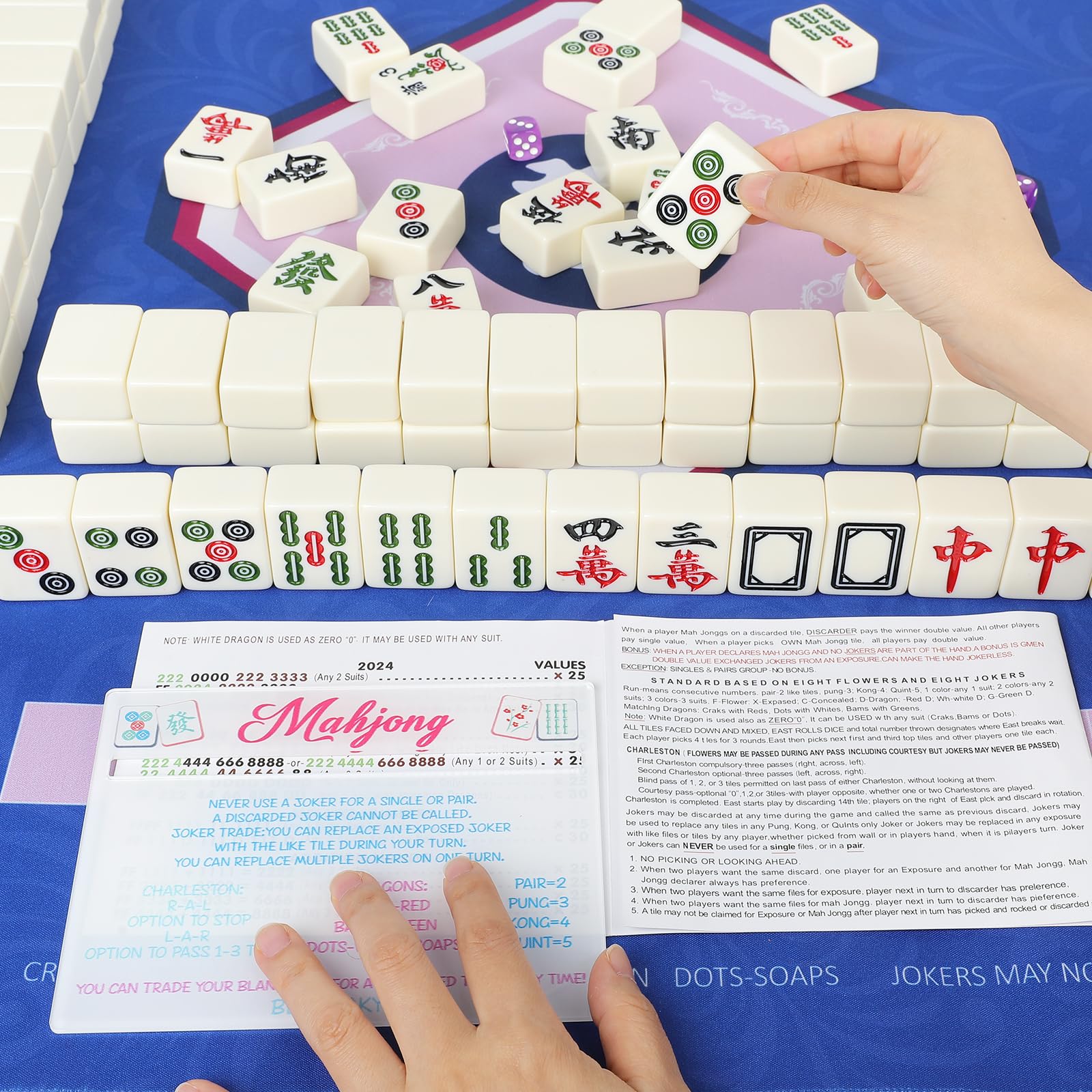 KUIRAN Mahjong Line Finder 4-pack shown with family game night setup.