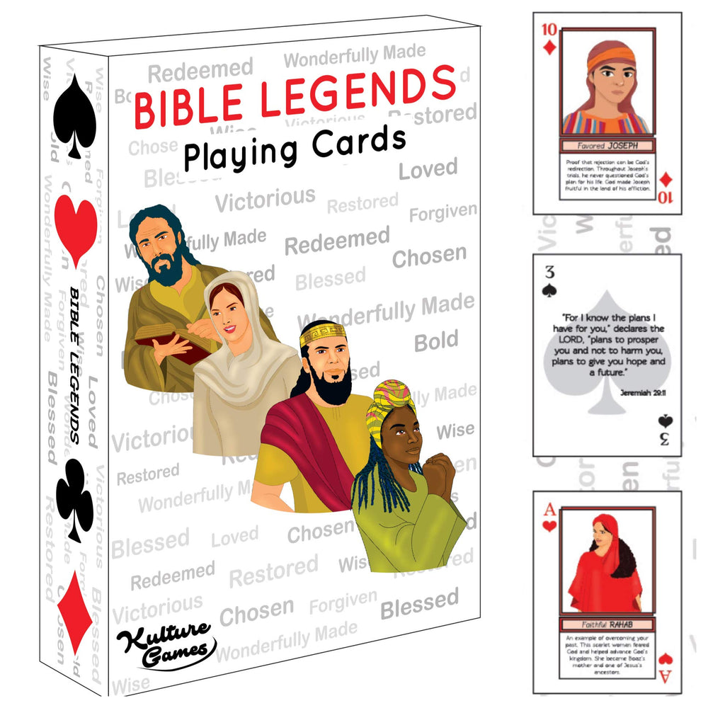 Kulture Games Bible Legends: diverse characters on cards for inclusive family play.