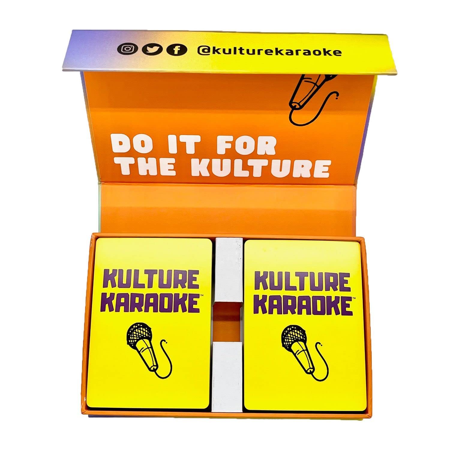 Closeup of Kulture Karaoke cards highlighting diverse category prompts.