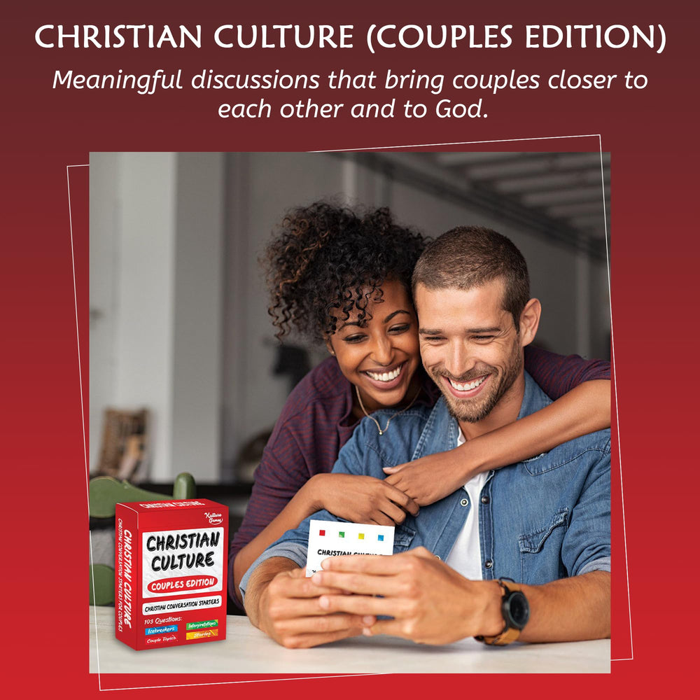 Kulture Games Christian Couples Edition card spread showing sample questions for dating and marriage.