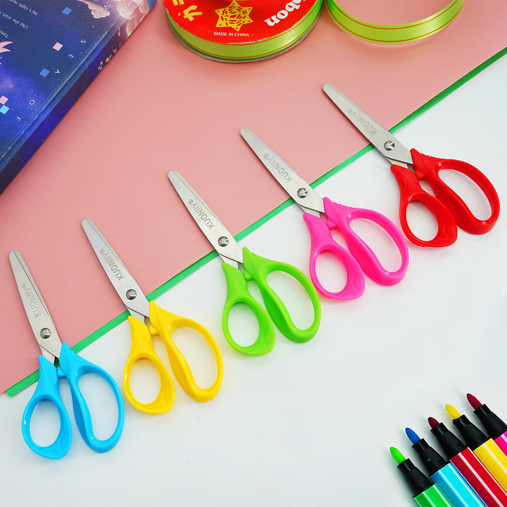 KUONIIY kids scissors cutting paper with precision for classroom activities.