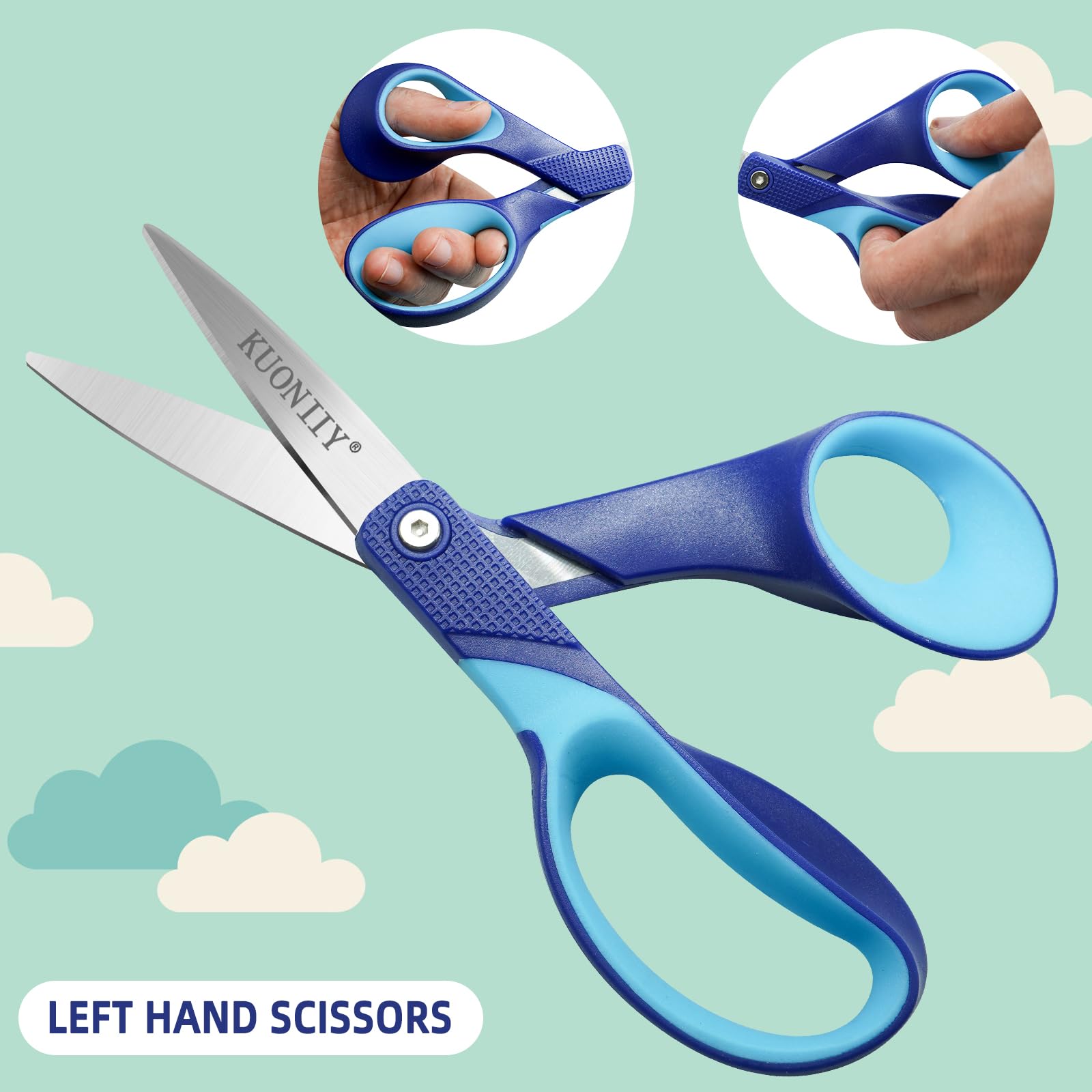 KUONIIY left-handed scissors 7in blade close-up highlighting sharp, precise cuts.