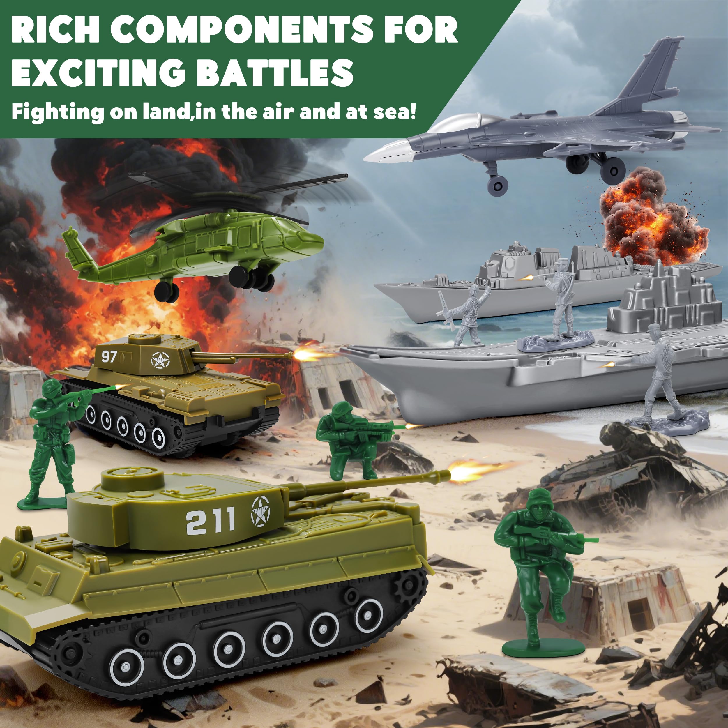 Kusntin Army Men Playset tanks and vehicles enable dynamic group battles and storytelling.