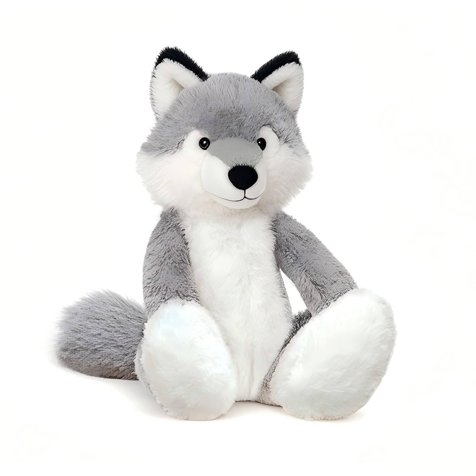 KUUDESOXX Wolf Stuffed Animal close-up reveals soft plush fur for comforting hugs.