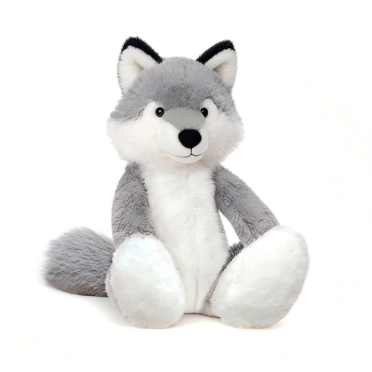 KUUDESOXX Wolf Stuffed Animal close-up reveals soft plush fur for comforting hugs.