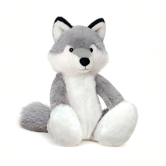 KUUDESOXX Wolf Stuffed Animal close-up reveals soft plush fur for comforting hugs.
