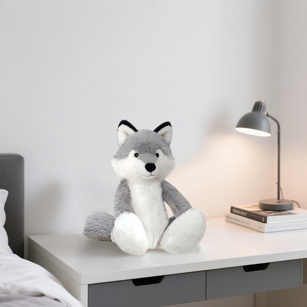 KUUDESOXX Wolf Stuffed Animal cuddling pose showcases huggable charm.