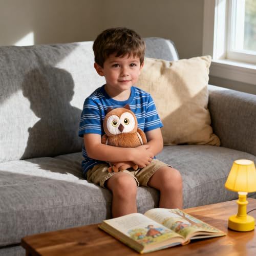 KUUDESOXX brown owl plush on display shelf for cozy decor.
