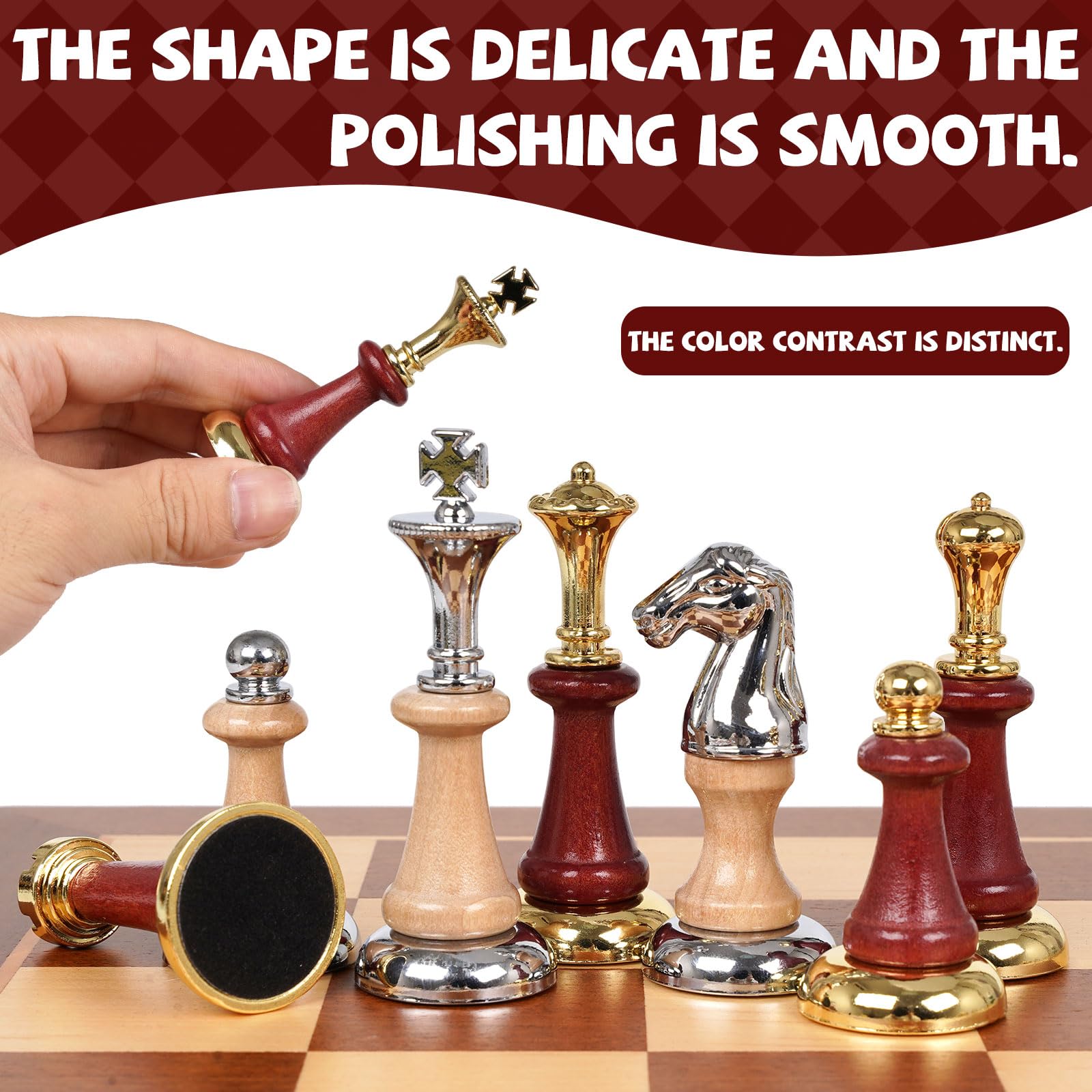 Kvintes metal and wood chess pieces with premium weighted feel for precise moves