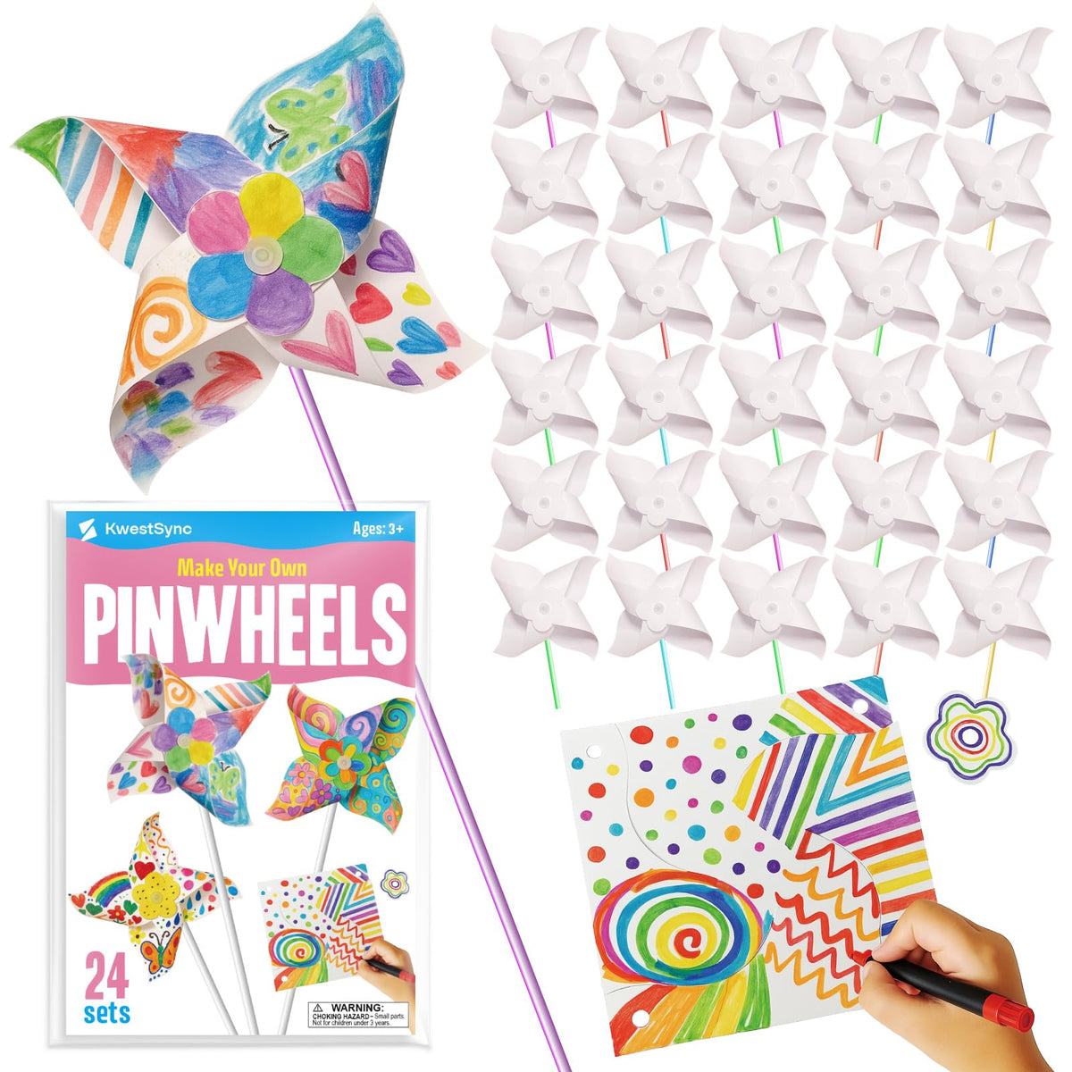 KwestSync 24-pack pinwheel kit for classroom crafts and STEM learning