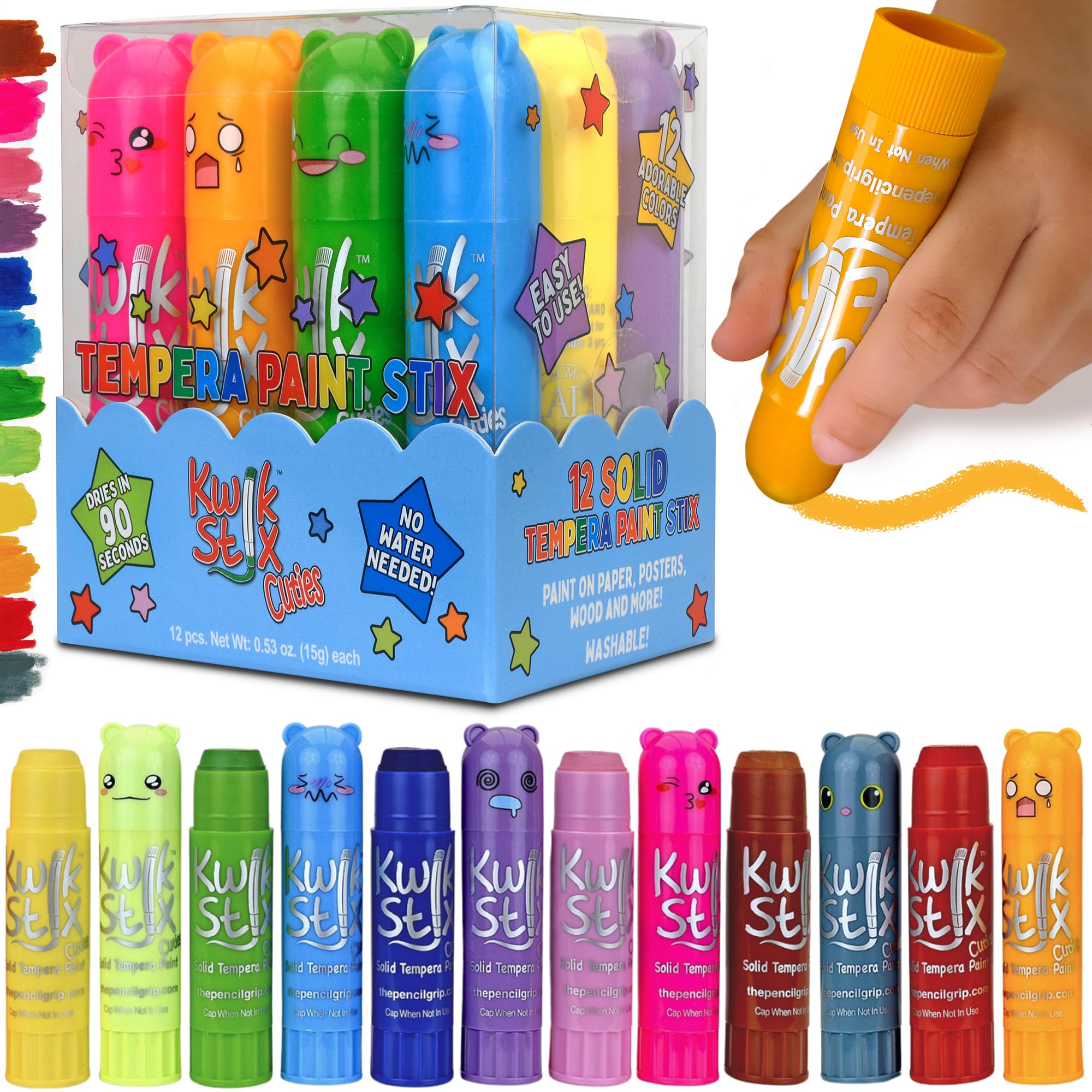 Kwik Stix Cuties cute-caps for mess-free kids' art time.